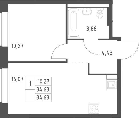 Планировка: Евродвушка 34,6 м² в ЖК «Большое Юрлово»