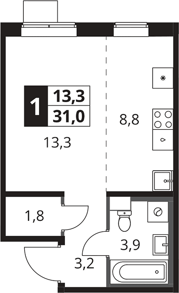 Планировка: Студия 31 м² в ЖК «1-й Южный»