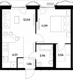 Планировка: Евродвушка 39,4 м² в ЖК «ЭВО»