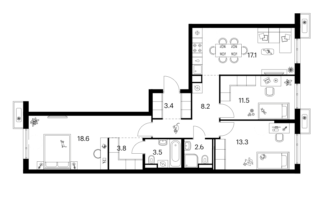 Планировка: 3-комнатная квартира 82 м² в ЖК «Зеленый парк»