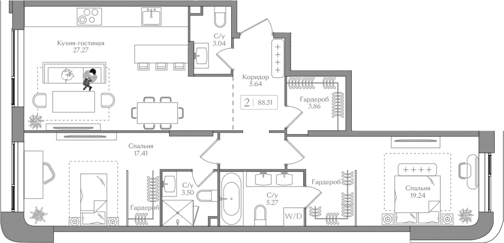 Планировка: Евротрёшка 88,5 м² в ЖК «Преображенская площадь»