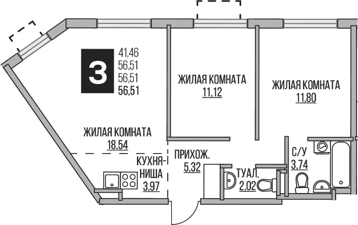 Планировка: Евротрёшка 56,5 м² в ЖК «Гранель Аникеевский»
