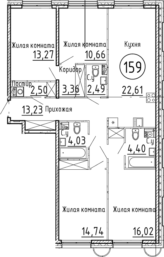 Планировка: Квартира евро-5 107,3 м² в ЖК «Остров Первых»