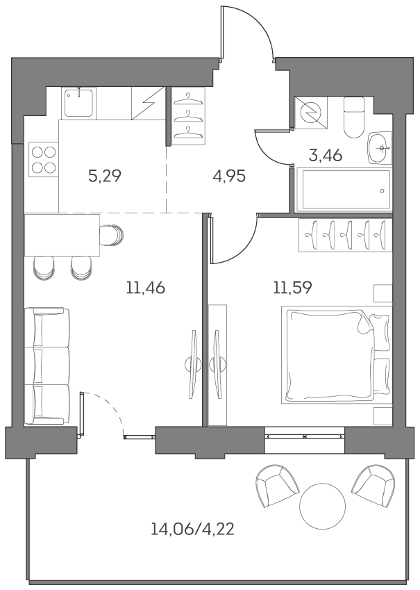 Планировка: Евродвушка 36,8 м² в ЖК «Аквилон БИСАЙД 2.0»
