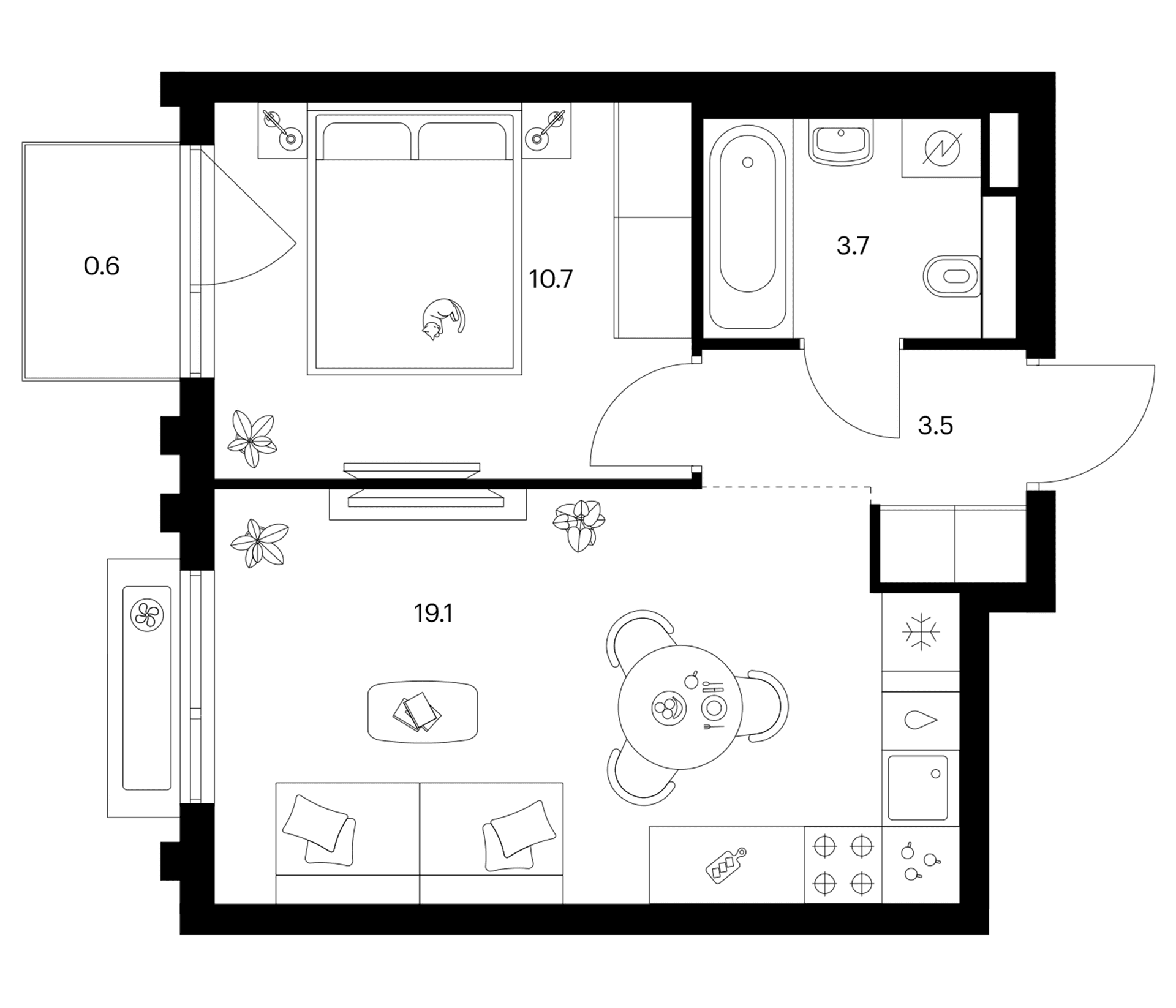 Планировка: 1-комнатная квартира 37 м² в ЖК «Белая Дача парк»