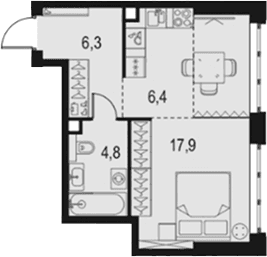 Планировка: 1-комнатная квартира 35,4 м² в ЖК «Левел Южнопортовая»
