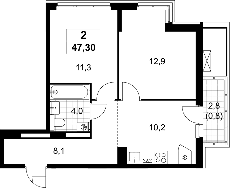 Планировка: 2-комнатная квартира 46,5 м² в ЖК «Деснаречье»