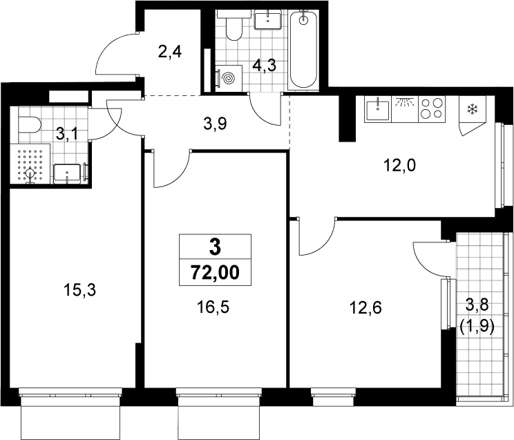 Планировка: 3-комнатная квартира 70,1 м² в ЖК «Деснаречье»