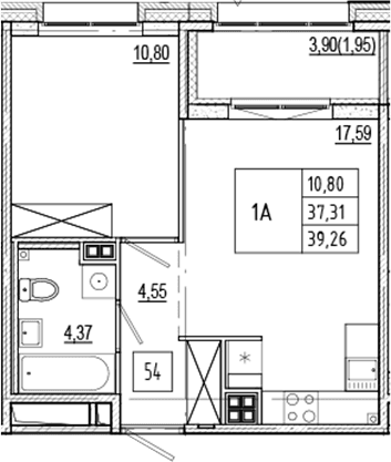 Планировка: Евродвушка 37,3 м² в ЖК «Ranta Residence»