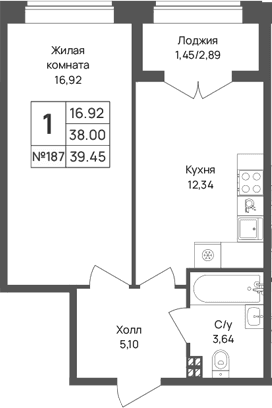 Планировка: 1-комнатная квартира 38 м² в ЖК «Капральский берег»