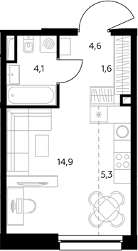 Планировка: Студия 30,8 м² в ЖК «Адмирал»