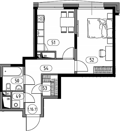 Планировка: 1-комнатная квартира 44,9 м² в ЖК «Кинетик. Резиденции на Дмитровском»