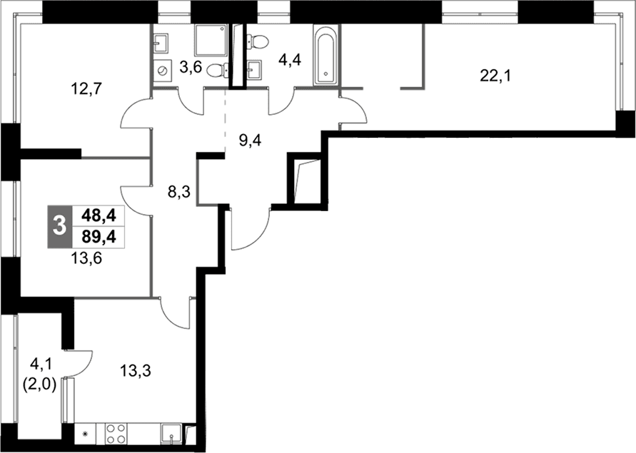 Планировка: Квартира евро-4 87,4 м² в ЖК «Скай Гарден»