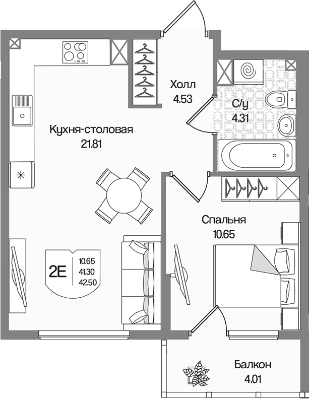 Планировка: Евродвушка 41,3 м² в ЖК «Охтинские высоты»