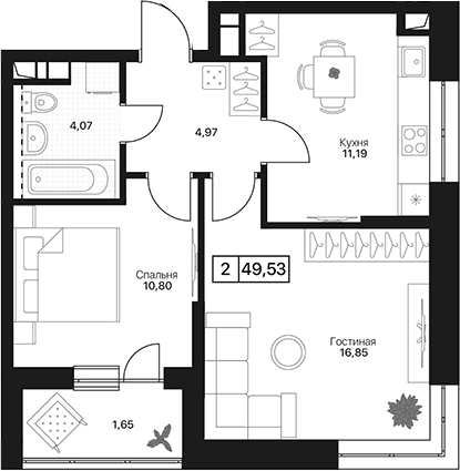 Планировка: 2-комнатная квартира 47,9 м² в ЖК «Пушкино Град»
