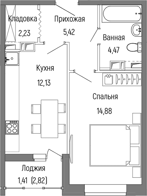 Планировка: 1-комнатная квартира 39,1 м² в ЖК «Рига Хиллс»