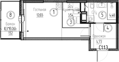 Планировка: Студия 24,8 м² в ЖК «Аквилон Верба»