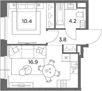 Планировка: 1-комнатная квартира 35,3 м² в ЖК «Станиславский»