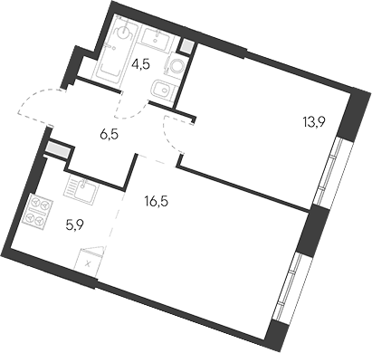 Планировка: Евродвушка 47,3 м² в ЖК «Родина Переделкино»