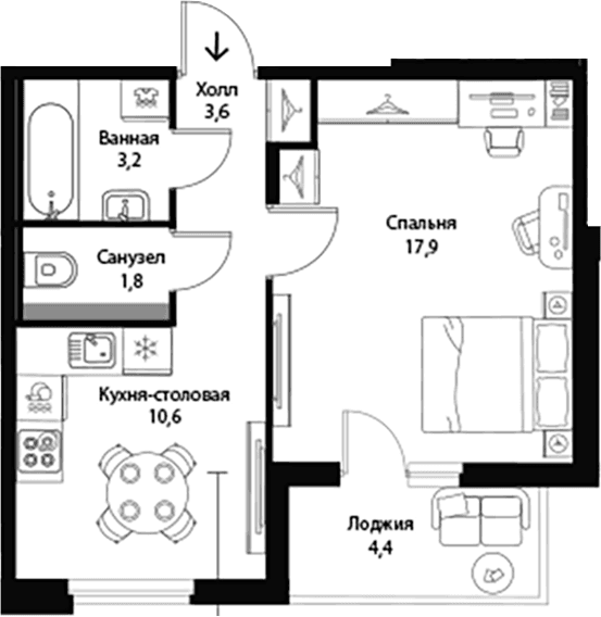 Планировка: 1-комнатная квартира 37,1 м² в ЖК «Экография»
