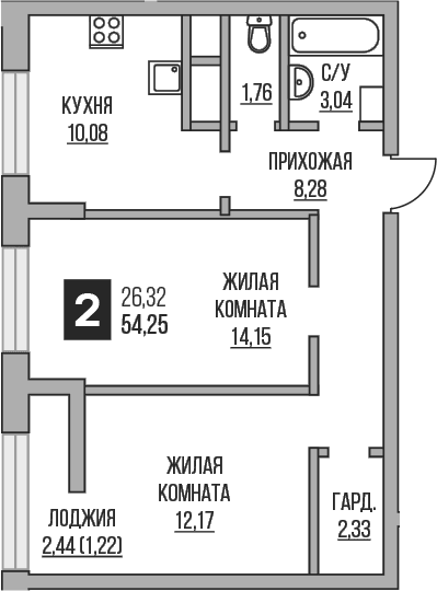 Планировка: 2-комнатная квартира 51,8 м² в ЖК «Гранель Пехра»