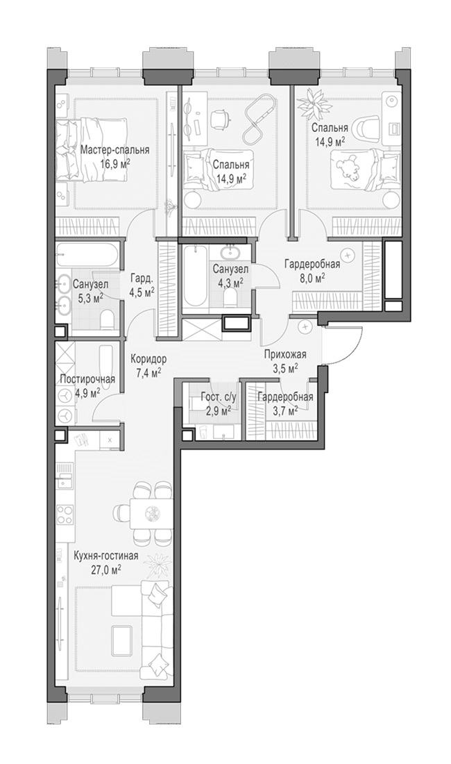 Планировка: Квартира евро-4 119 м² в ЖК «Квартал Тишинский бульвар»