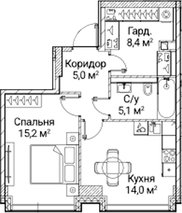 Планировка: 1-комнатная квартира 47,7 м² в ЖК «СЕЗАР БУДУЩЕЕ»