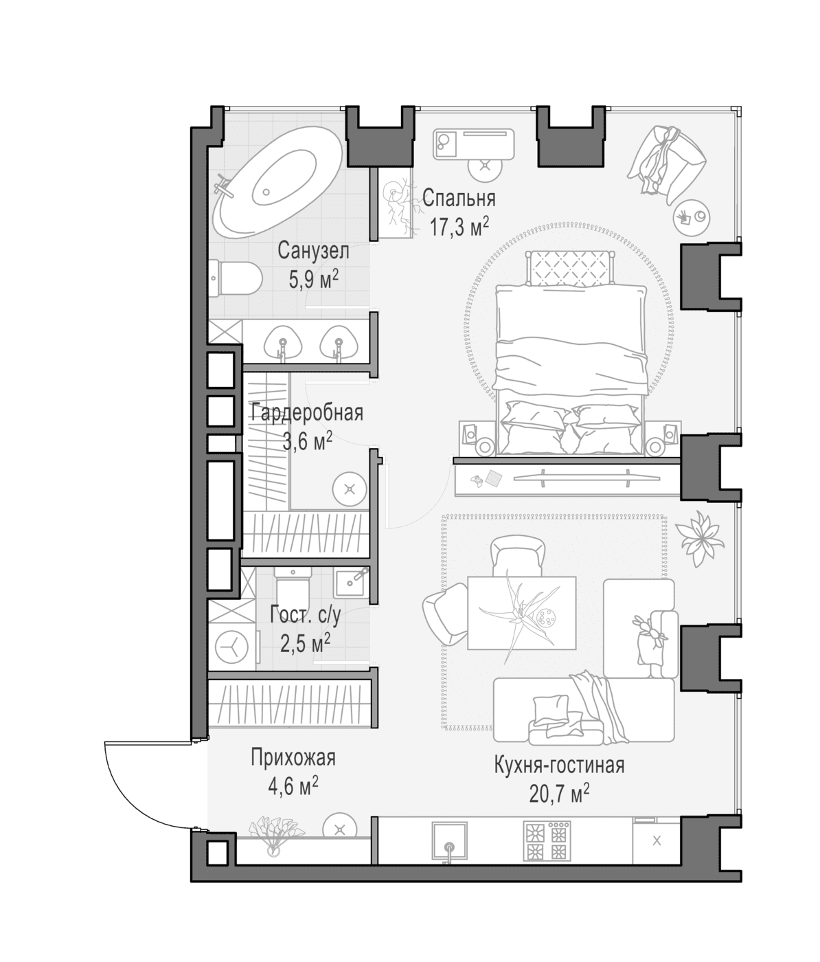 Планировка: Евродвушка 55,2 м² в ЖК «Квартал Life Time»