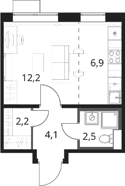 Планировка: Студия 27,9 м² в ЖК «1-й Шереметьевский»