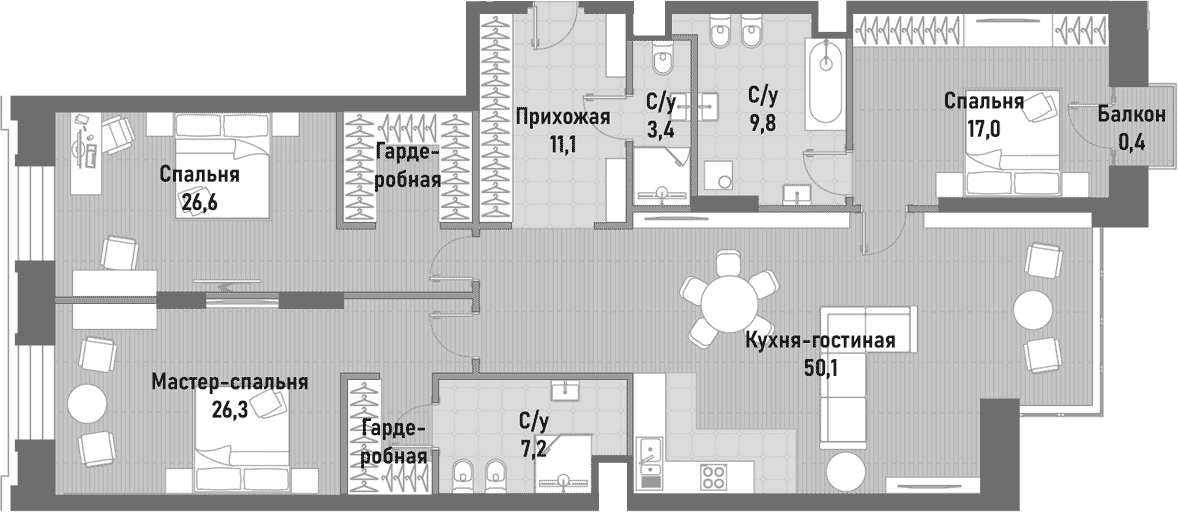 Планировка: Квартира евро-4 150 м² в ЖК «Ренессанс»