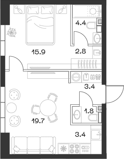 Планировка: Евродвушка 51,9 м² в ЖК «SHIFT»