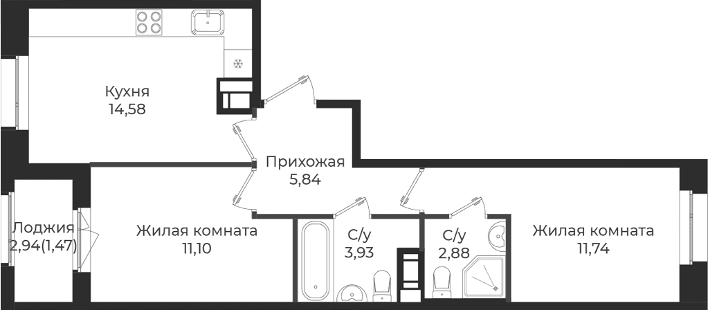Планировка: 2-комнатная квартира 50,1 м² в ЖК «Новатория»