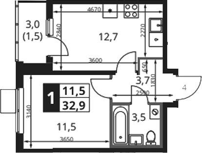 Планировка: 1-комнатная квартира 31,4 м² в ЖК «1-й Ясеневский»