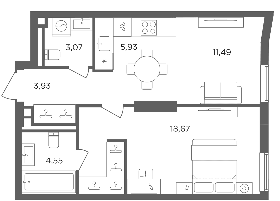 Планировка: Евродвушка 47,6 м² в ЖК «Сикрет Гарден»