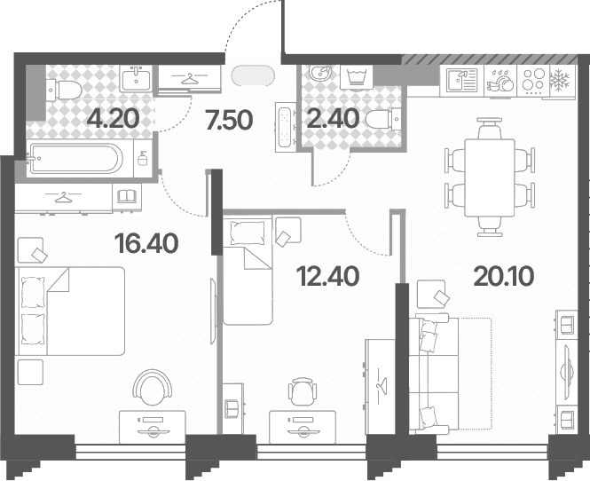 Планировка: Евротрёшка 63 м² в ЖК «Обручева 30»