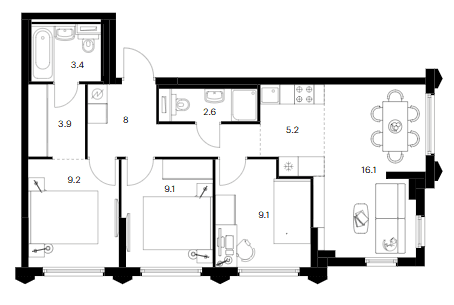 Планировка: Квартира евро-4 66,6 м² в ЖК «Бусиновский парк»