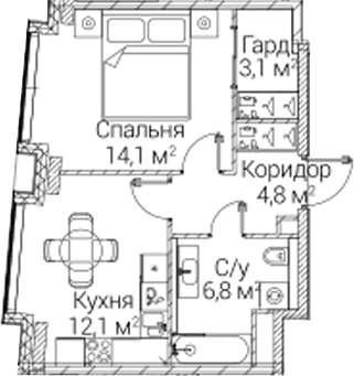 Планировка: 1-комнатная квартира 40,9 м² в ЖК «СЕЗАР БУДУЩЕЕ»