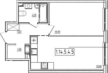 Планировка: Евродвушка 45,3 м² в ЖК «Новый Ямбург»
