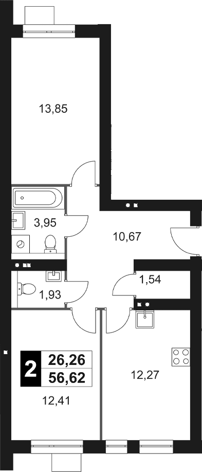 Планировка: 2-комнатная квартира 56,6 м² в ЖК «Мартемьяново Клаб»