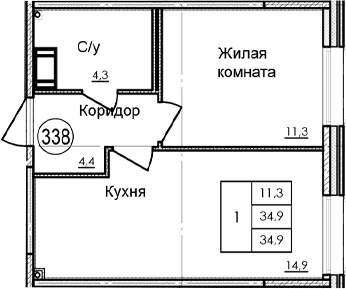 Планировка: 1-комнатная квартира 34,9 м² в ЖК «Парусная 1»