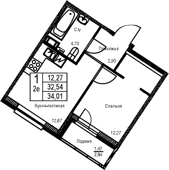 Планировка: 1-комнатная квартира 32,5 м² в ЖК «ID Kudrovo II»