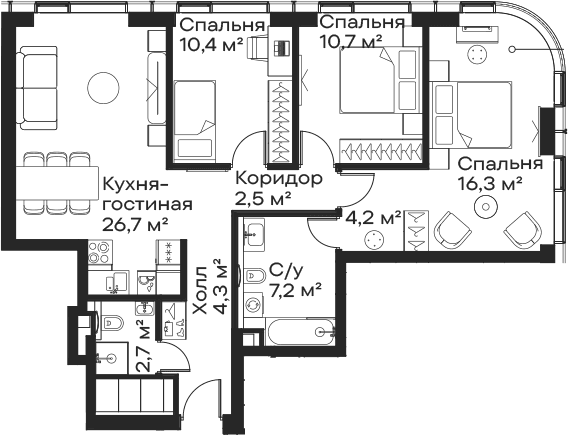 Планировка: Квартира евро-4 85 м² в ЖК «Сити Бэй»