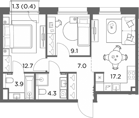 Планировка: 2-комнатная квартира 54,2 м² в ЖК «Станиславский»