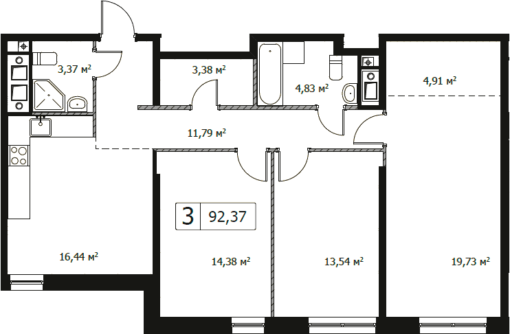 Планировка: 3-комнатная квартира 92,4 м² в ЖК «Парковый квартал СЕЛФ»
