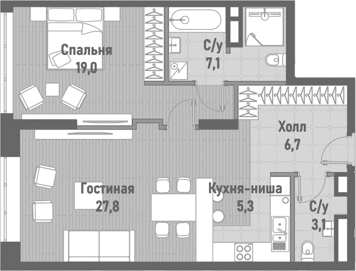 Планировка: Евродвушка 69 м² в ЖК «Ренессанс»