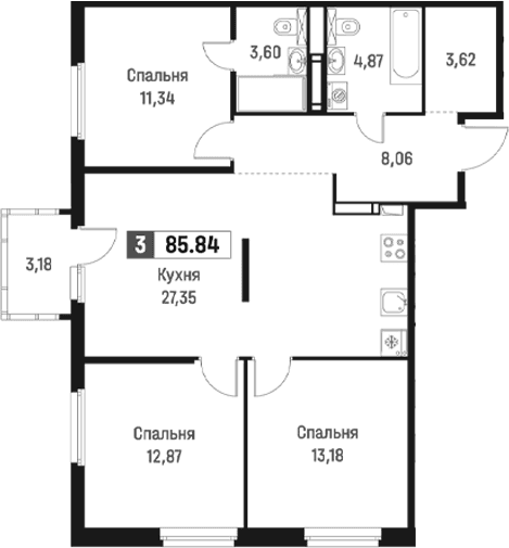 Планировка: Квартира евро-4 84,9 м² в ЖК «Максималист»