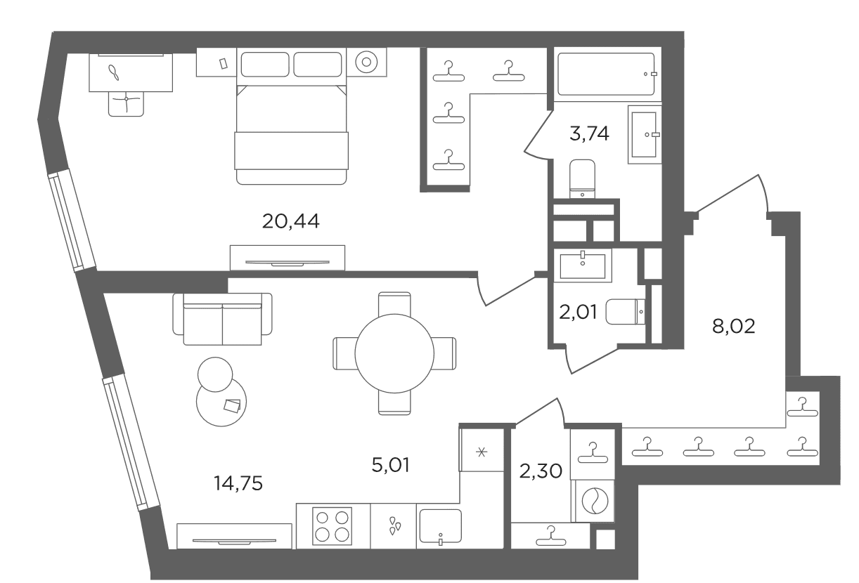 Планировка: Евродвушка 56,3 м² в ЖК «Сикрет Гарден»