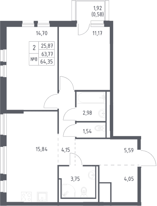 Планировка: Евротрёшка 63,8 м² в ЖК «Невская Долина»