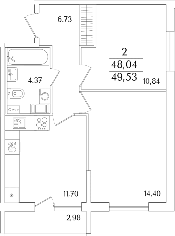 Планировка: 2-комнатная квартира 48 м² в ЖК «Кинопарк»