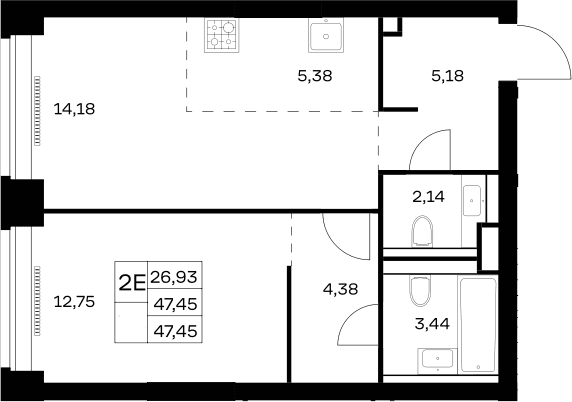 Планировка: Евродвушка 47,5 м² в ЖК «НОВА»